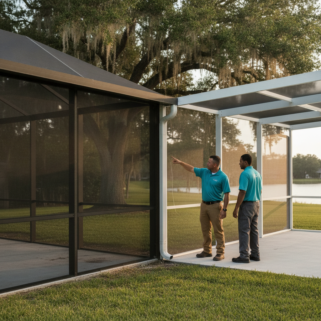 Aluminum screen enclosure on a Lakeland patio with vinyl kit panels nearby