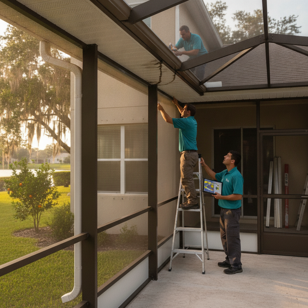 Aluminum pool cage tied into a Lakeland house at the fascia and roof edge
