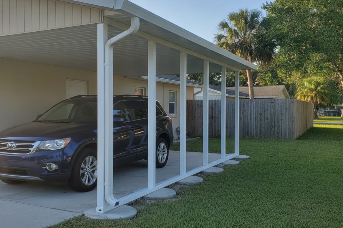 Attached aluminum carport with an insulated roof panel beside a Polk County home