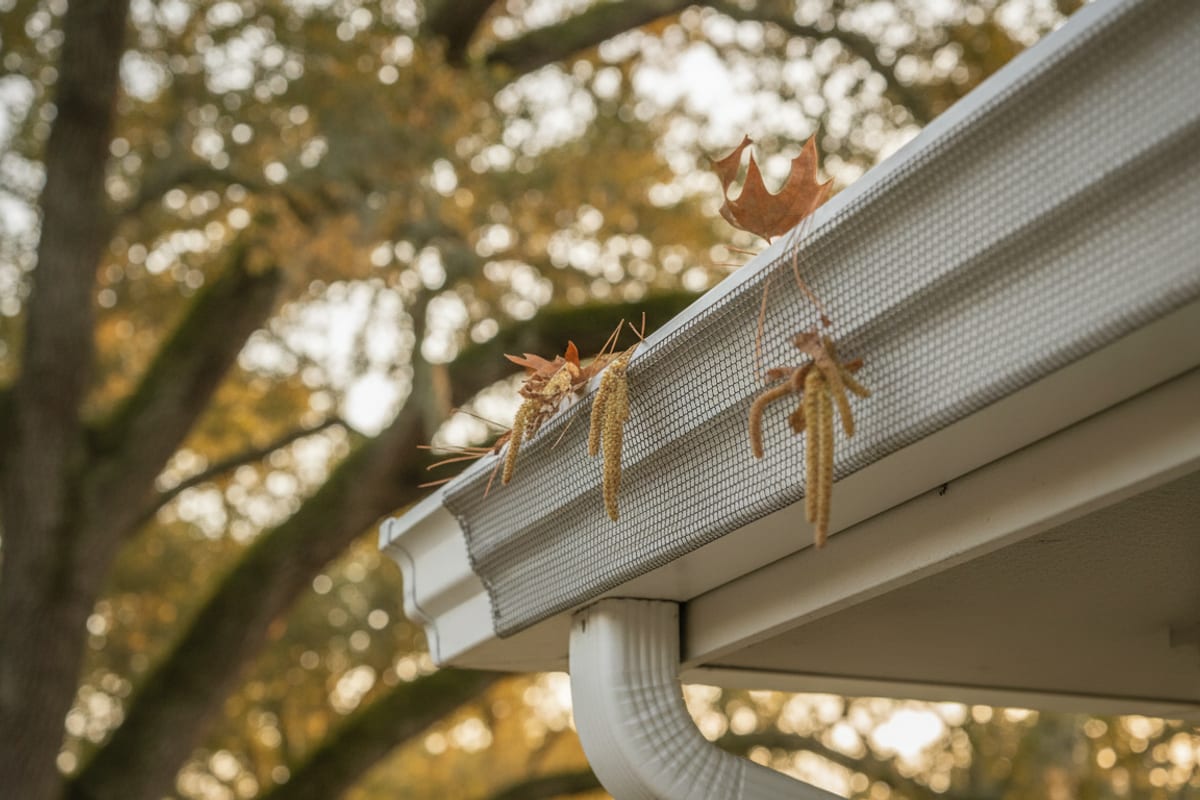Micro-mesh gutter guard installed on an aluminum gutter beneath a live oak canopy in Polk County