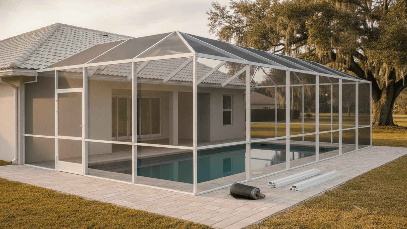 White aluminum pool screen enclosure over an inground pool, with a roll of screen mesh and stacked white frame pieces on the pavers