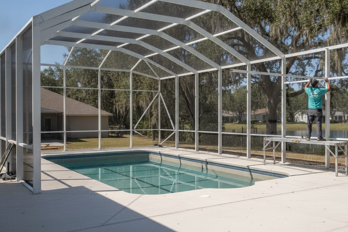 Aluminum pool cage under construction with mansard roof framing over a large pool deck near Polk City