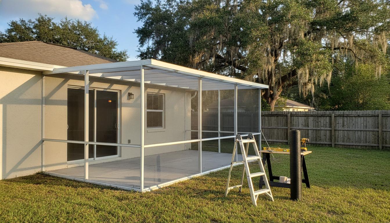 White aluminum screen room behind a house, with a stepladder, a standing roll of screen mesh, and a drill and level on a sawhorse in the yard