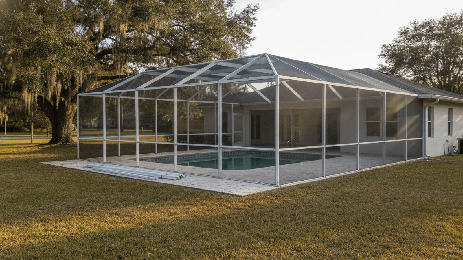 White aluminum pool cage over a Polk County pool with its near screen panels already stripped out and removed frame members stacked on the paver deck