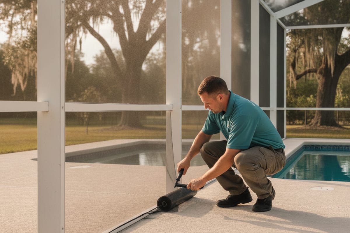 Installer rolling new screen mesh into an aluminum pool cage frame at a Polk County home