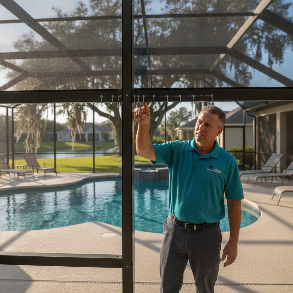 A hex-head screw backing out of an aluminum pool cage beam in Polk County