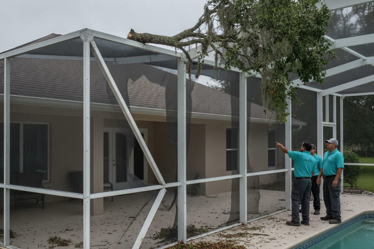 Bent aluminum pool enclosure frame and torn screen after a storm at a Polk County home