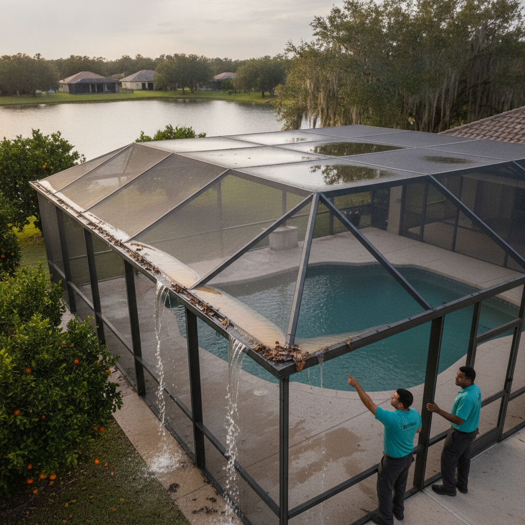 Standing water in a low spot on a Lakeland pool cage roof after a storm