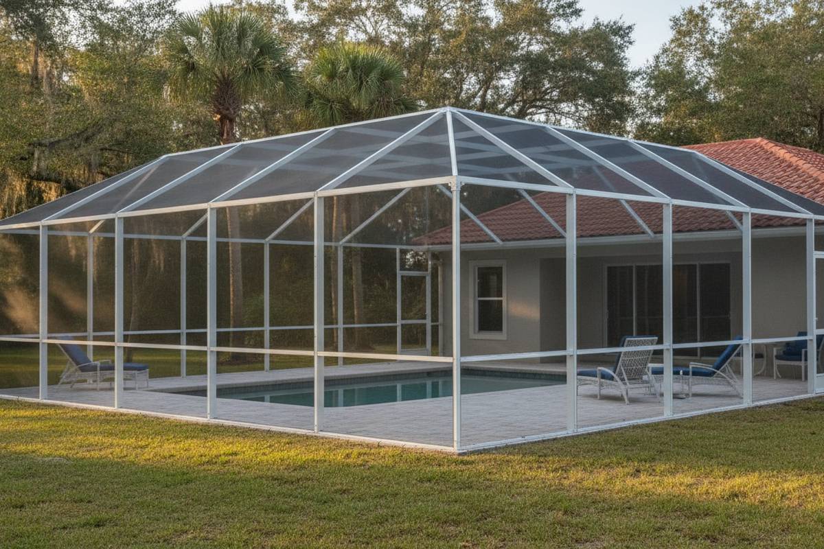 Aluminum pool screen enclosure with a mansard roof over a screened pool deck at a Polk County home