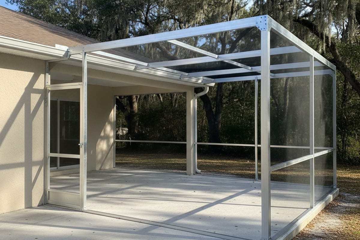 Aluminum screen room frame going up over a rear patio slab at a Polk County home