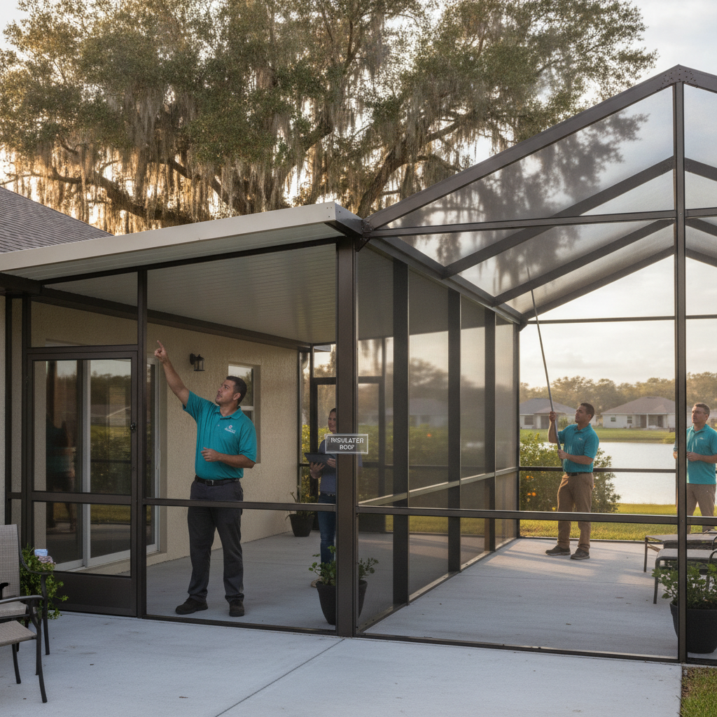 Aluminum screen enclosure with a solid insulated roof on a Lakeland patio