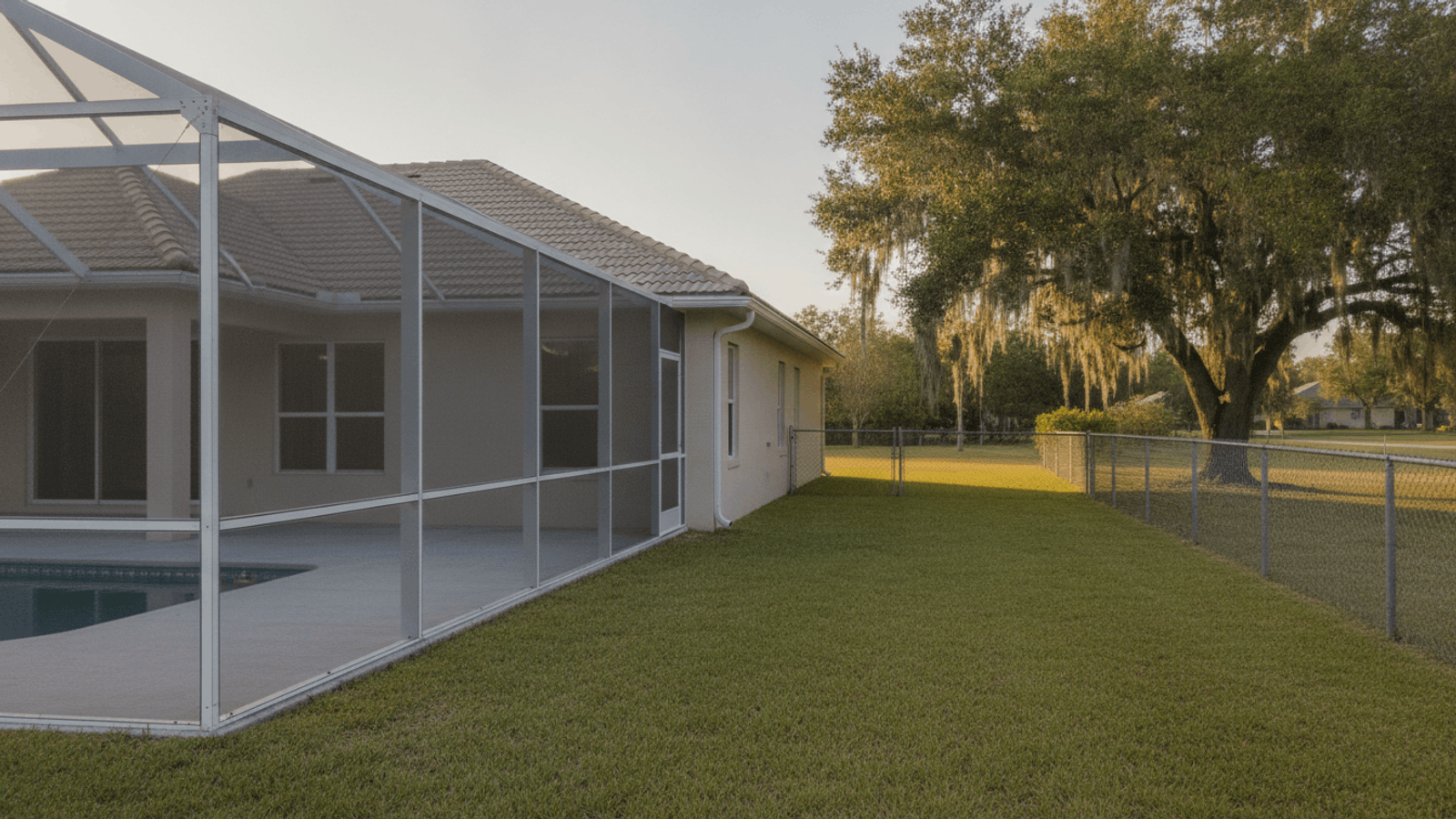 White aluminum pool screen enclosure on a Polk County home with an open strip of mowed grass between its frame and the chain-link fence on the rear property line