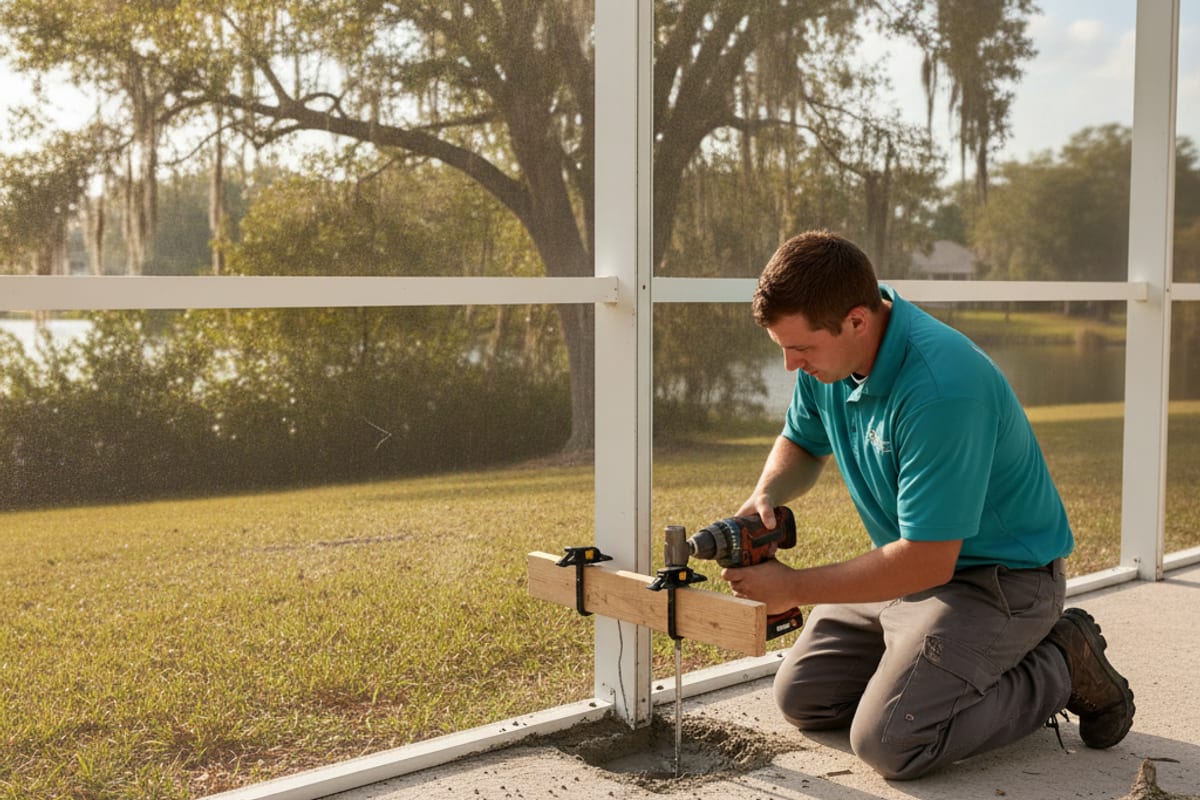 Crew member drilling a new anchor into fresh concrete beside a cracked hole under a bent upright on a Lakeland pool deck