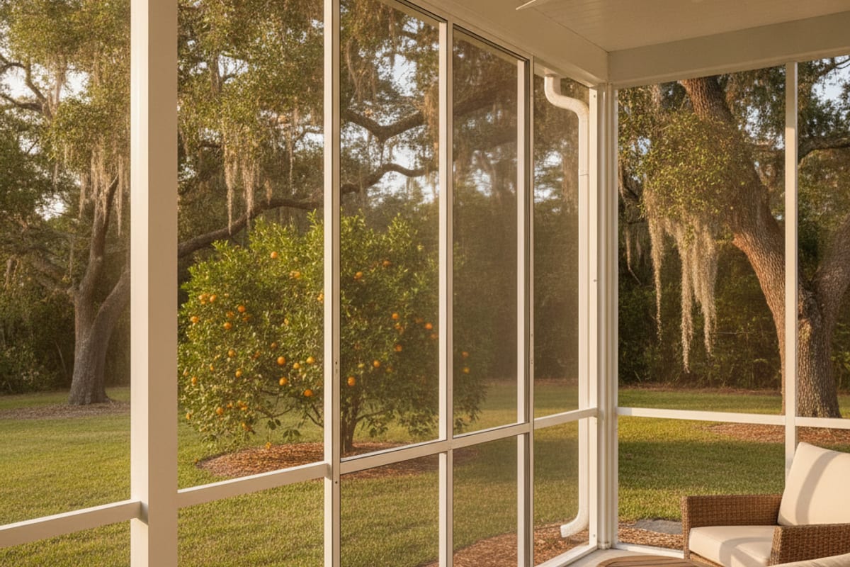 Screened lanai with stacking acrylic window panels at a Central Florida home