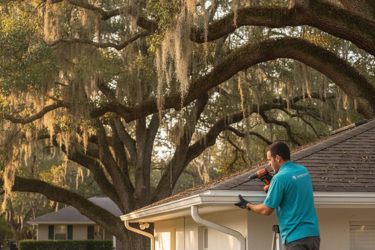 Crew on a ladder using a drill at a white gutter under oak canopy