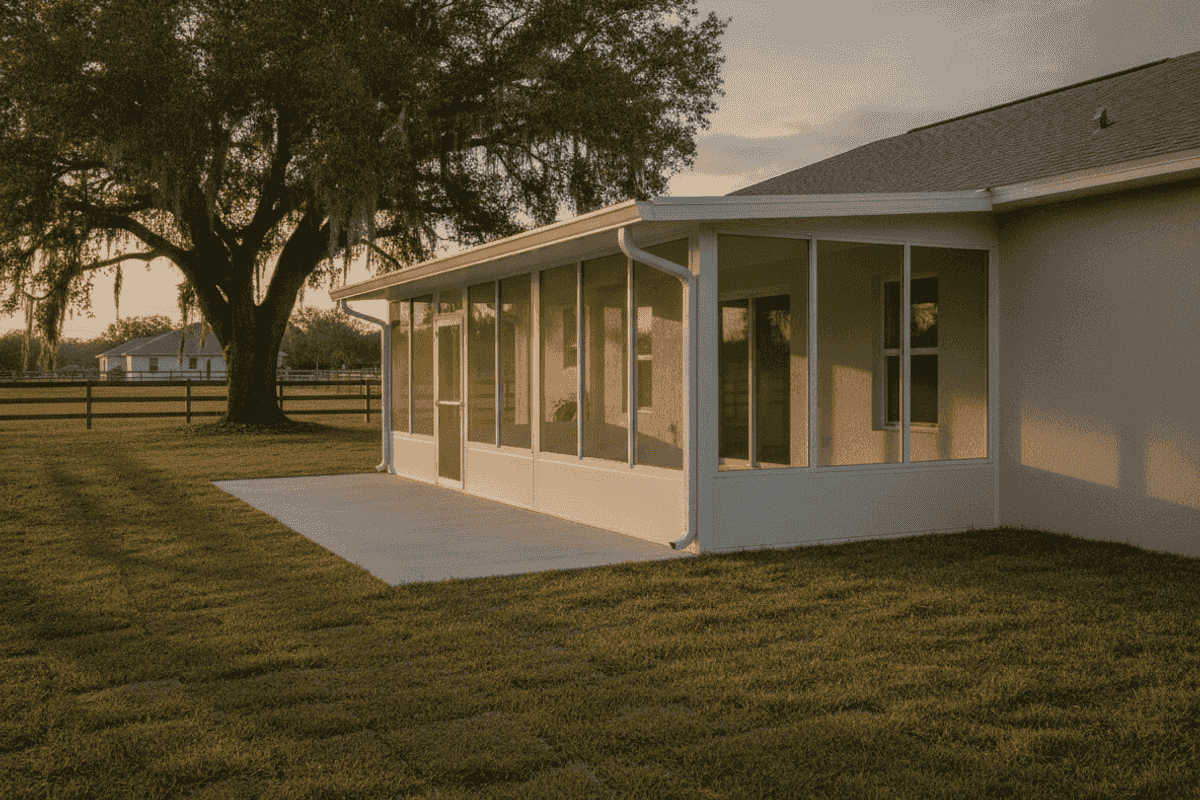 White aluminum Florida room with glass and vinyl panels over a knee wall across the back of a light-beige Central Florida house at dusk, with a moss-draped live oak in the yard