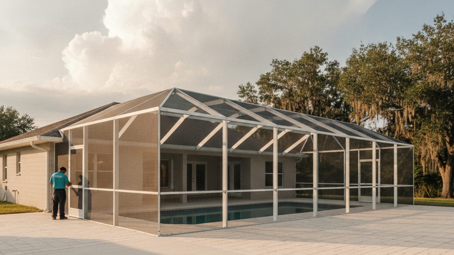 Screened pool cage with a mansard roof over a pool deck at a Polk County home