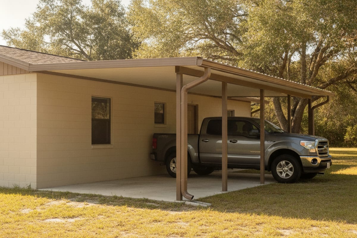 Insulated aluminum patio cover shading a rear patio at a Lakeland home