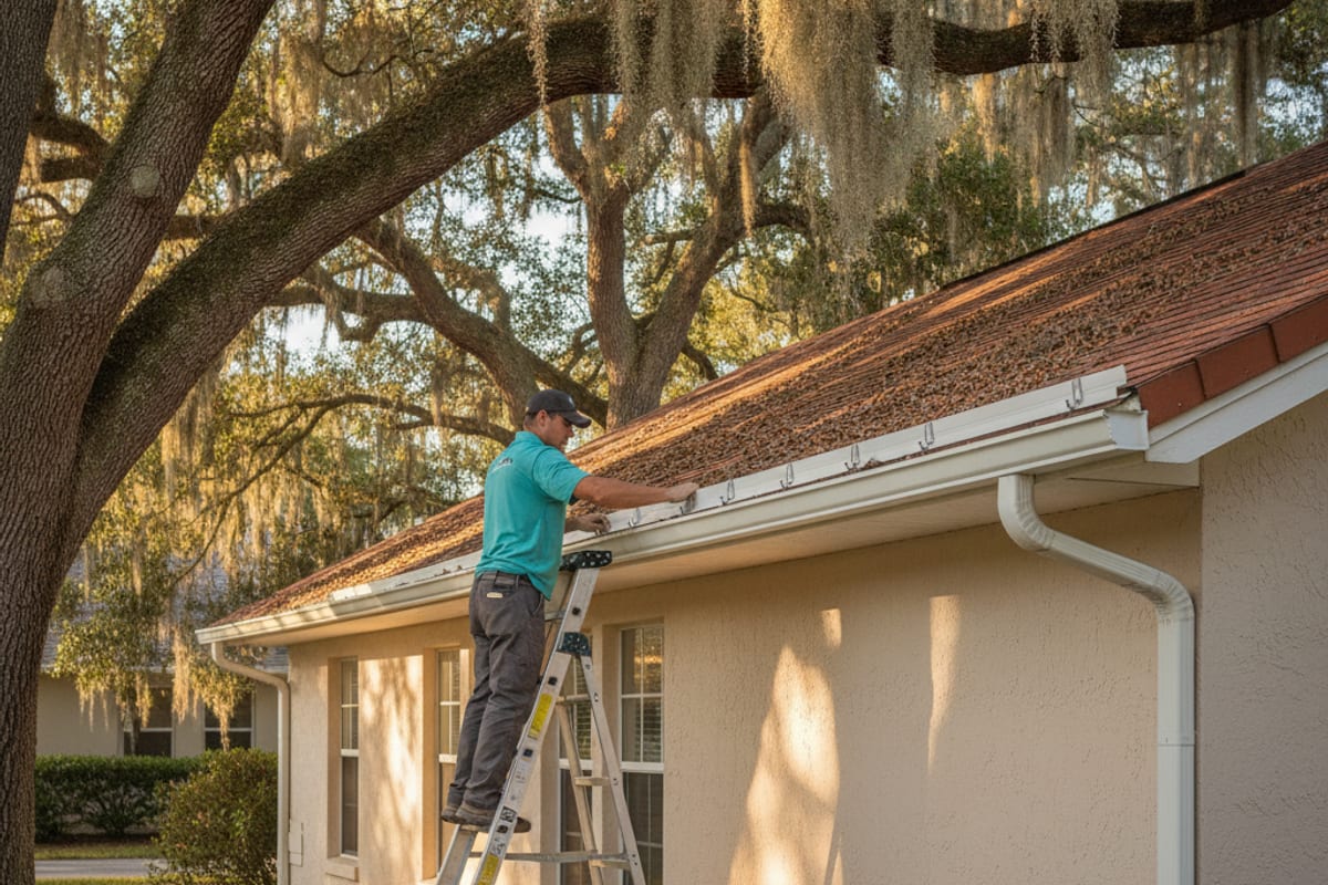 Seamless aluminum gutter being run along the fascia of a Lakeland home