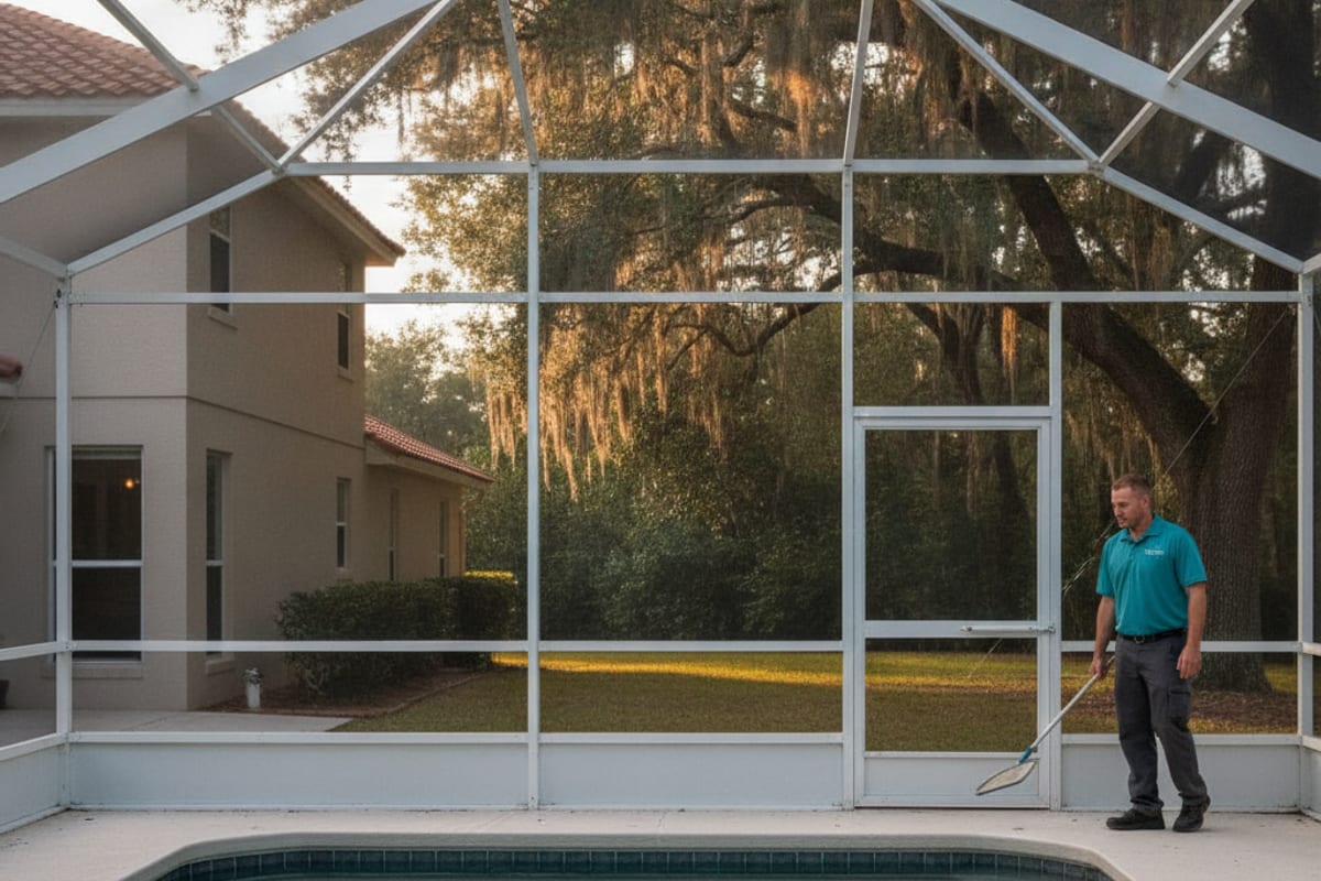 Aluminum pool cage with a mansard roof over a screened pool deck in Polk County